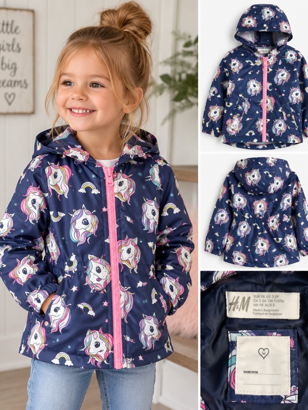 H&M Girls Unicorn Rainbow Hooded Jacket Size 2-3Y Navy Pink Lightweight